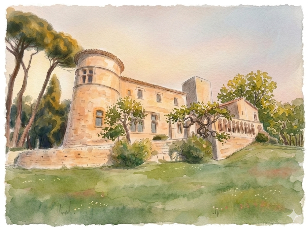 A beautiful stone château surrounded by Mediterranean pines and olive trees, painted in soft watercolour tones